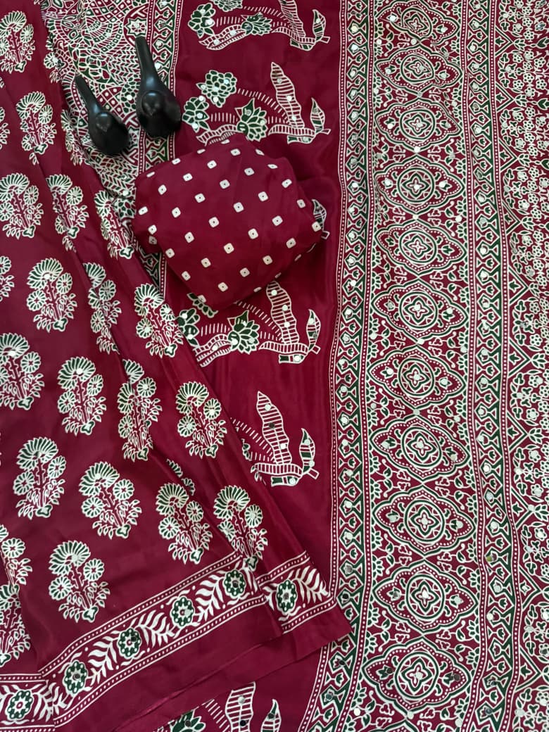 Pure Ajrakh Satin Silk Saree with Heavy Mirror Work
