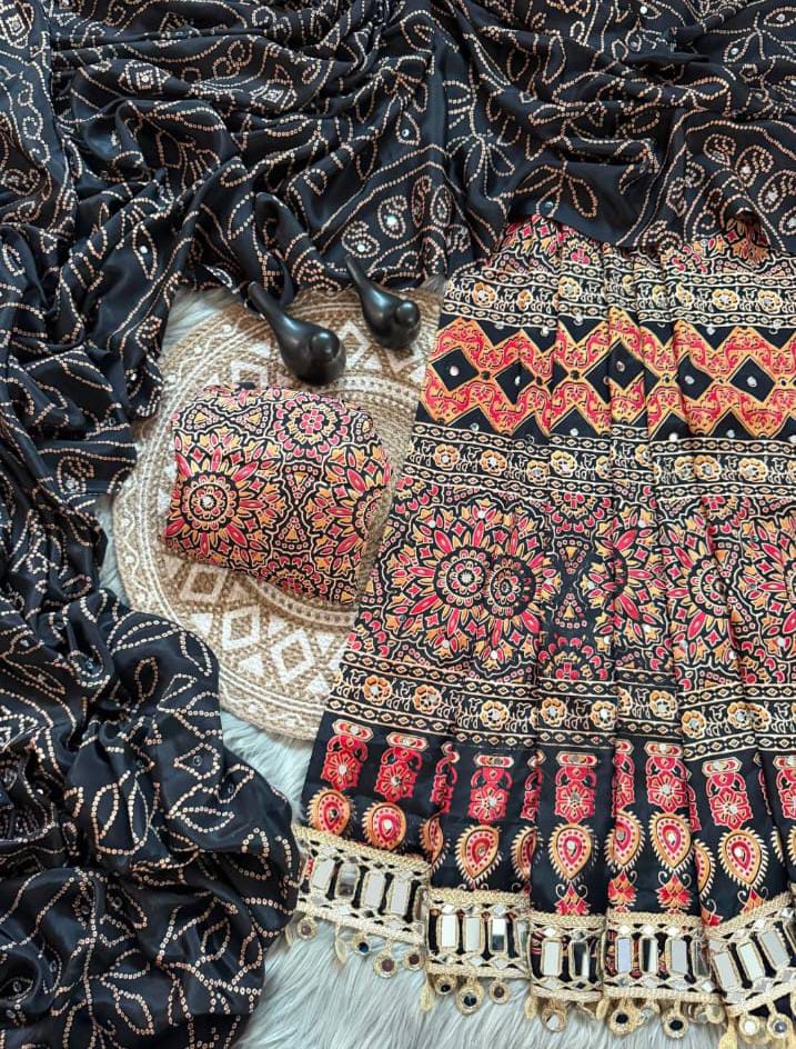 Pure Ajrakh Satin Silk Saree with Heavy Mirror Work