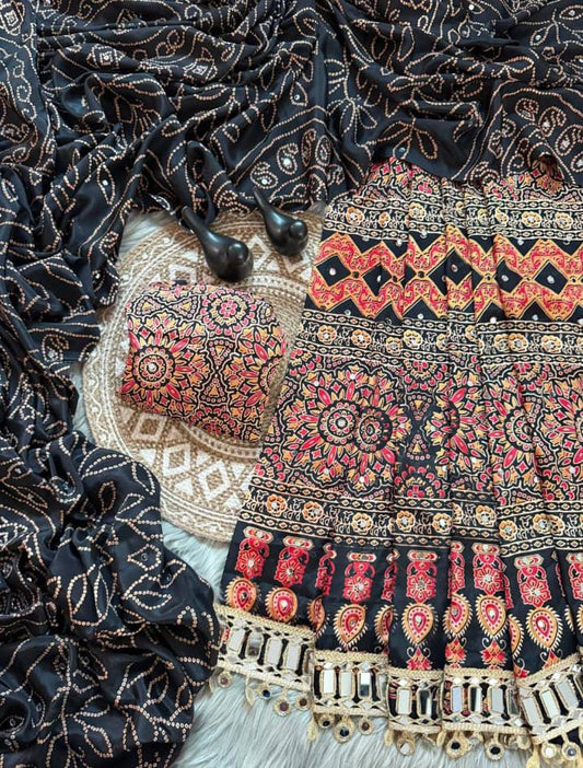 Pure Ajrakh Satin Silk Saree with Heavy Mirror Work