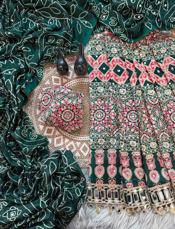 Pure Ajrakh Satin Silk Saree with Heavy Mirror Work