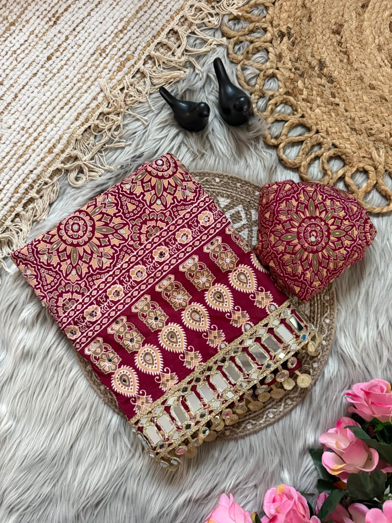 Pure Ajrakh Satin Silk Saree with Heavy Mirror Work