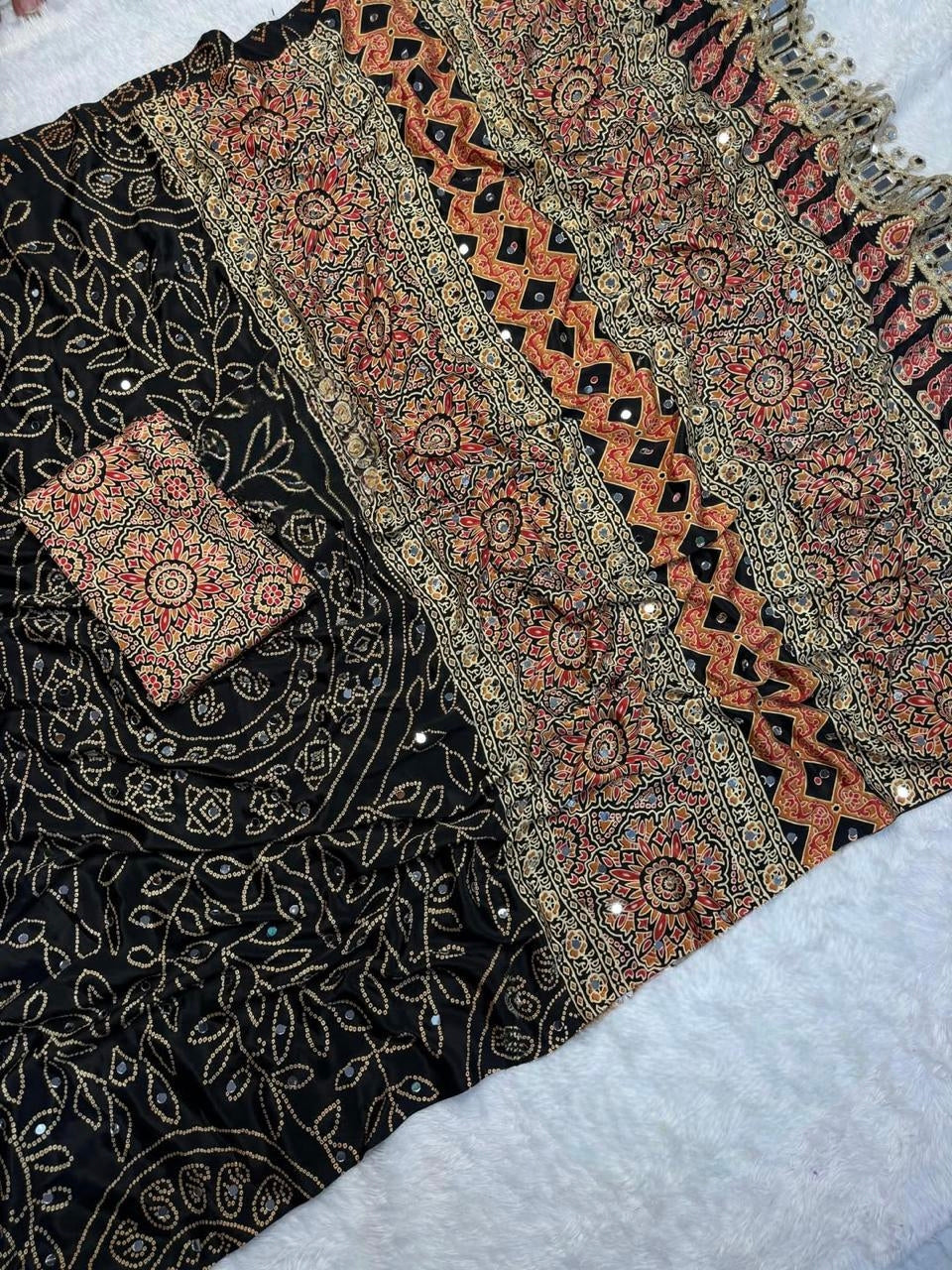 Pure Ajrakh Satin Silk Saree with Heavy Mirror Work