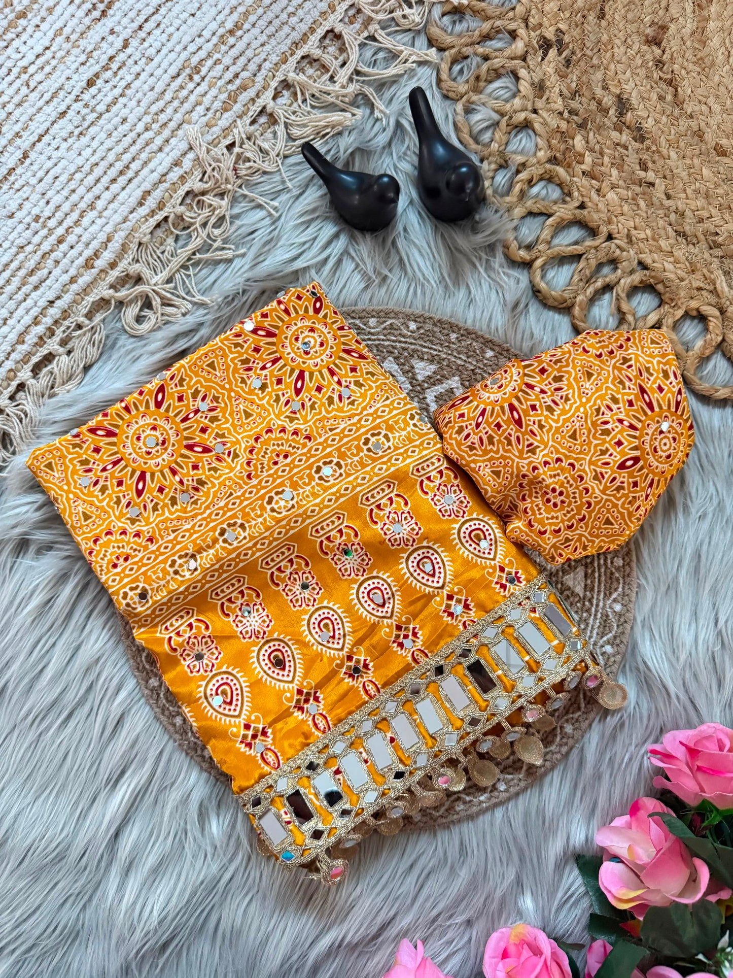 Pure Ajrakh Satin Silk Saree with Heavy Mirror Work