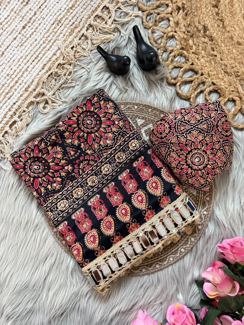 Pure Ajrakh Satin Silk Saree with Heavy Mirror Work
