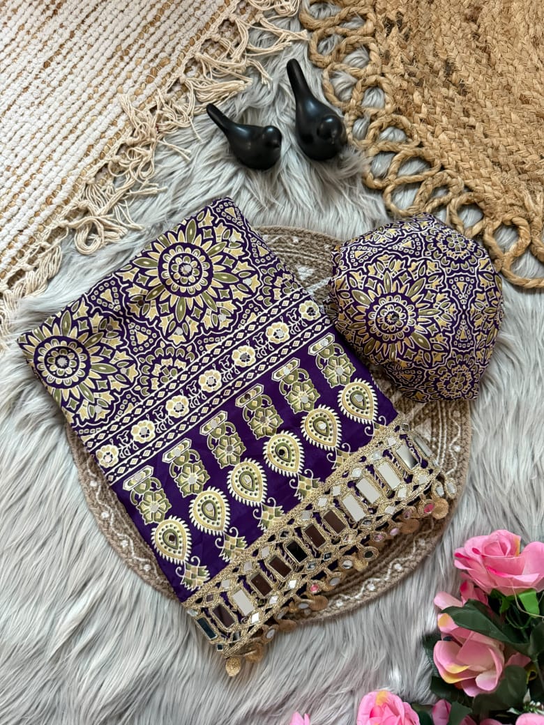 Pure Ajrakh Satin Silk Saree with Heavy Mirror Work