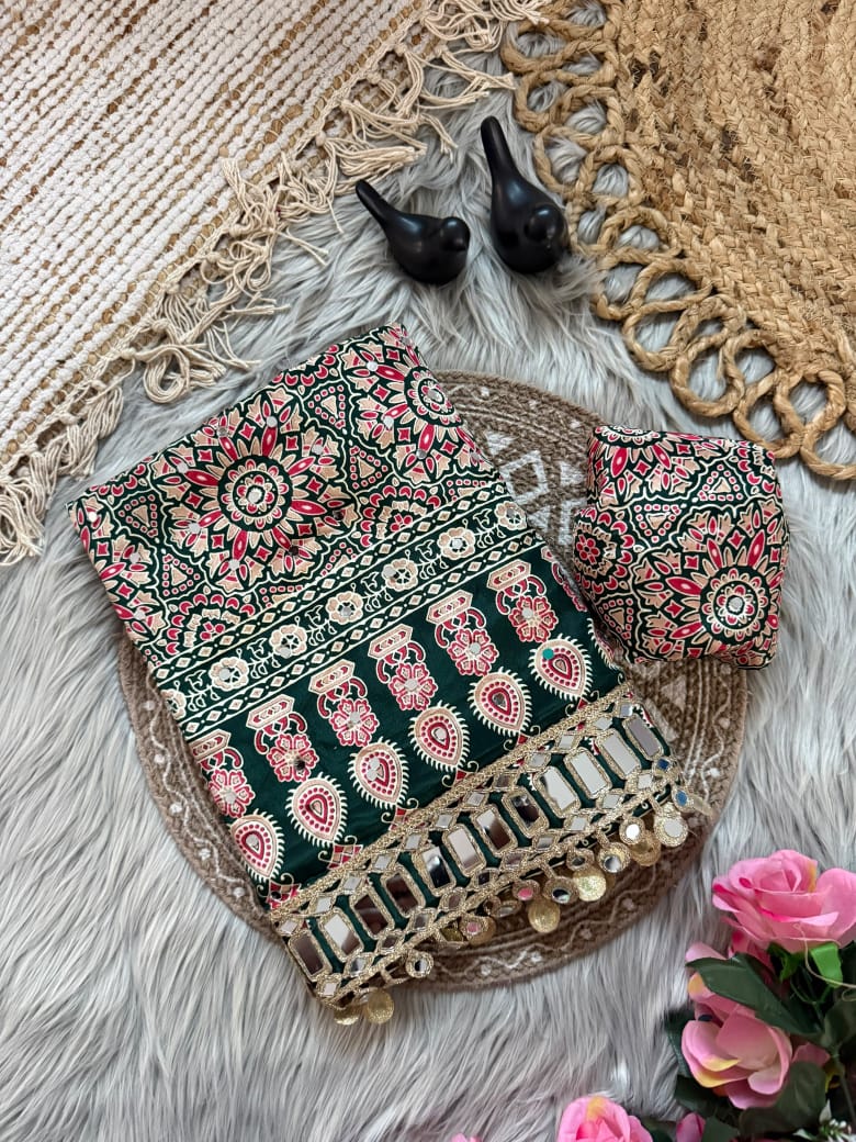 Pure Ajrakh Satin Silk Saree with Heavy Mirror Work