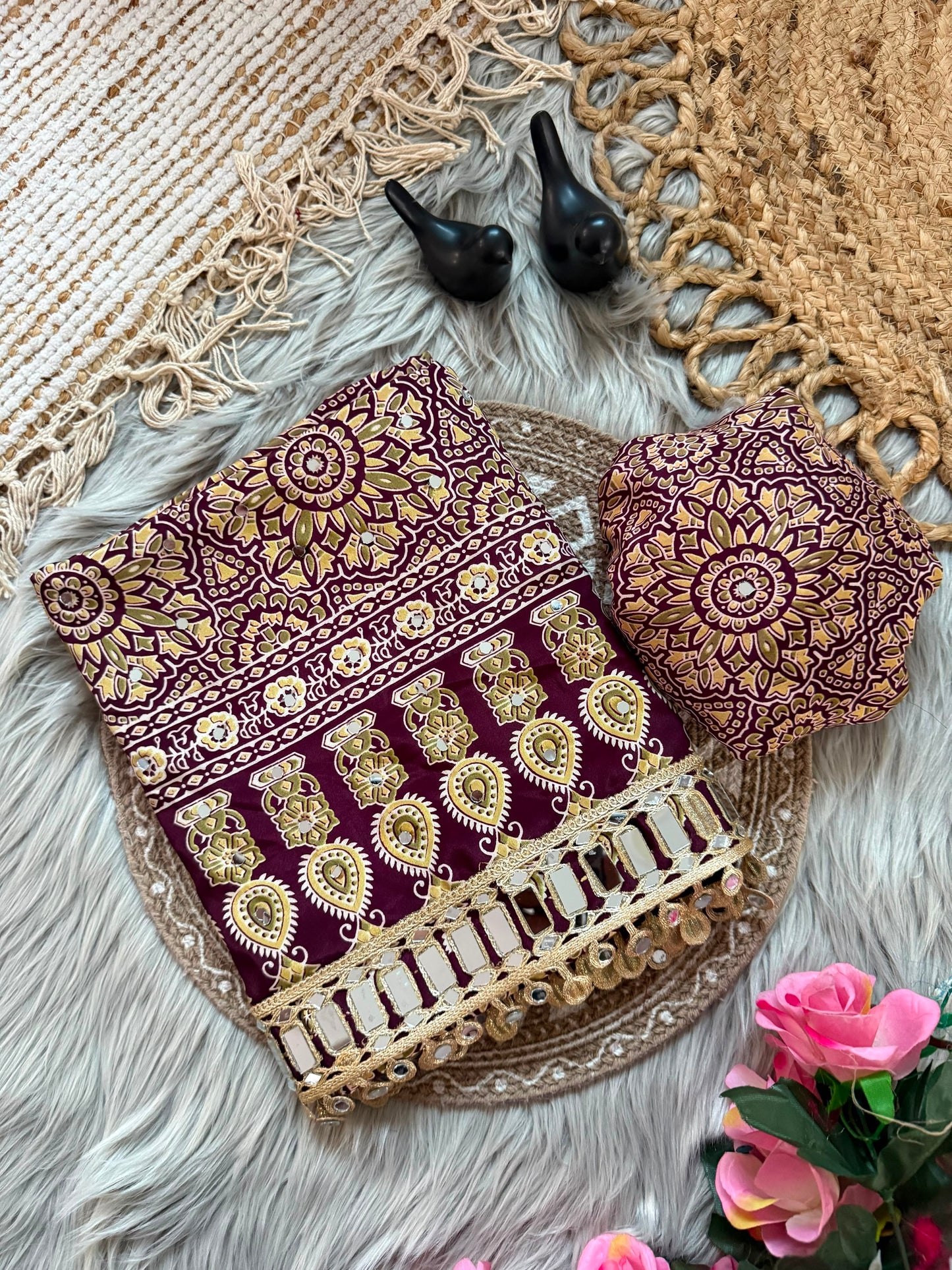 Pure Ajrakh Satin Silk Saree with Heavy Mirror Work