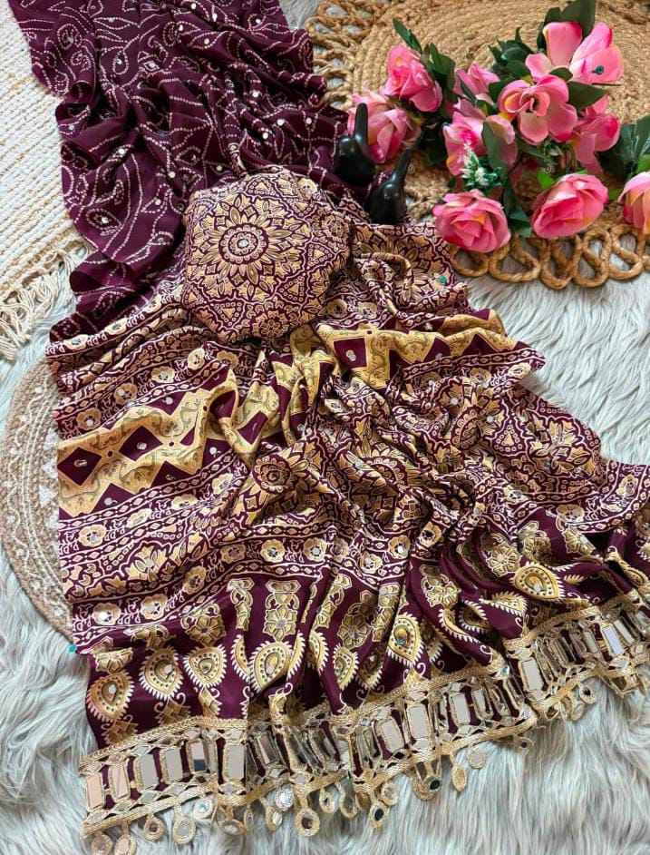 Pure Ajrakh Satin Silk Saree with Heavy Mirror Work