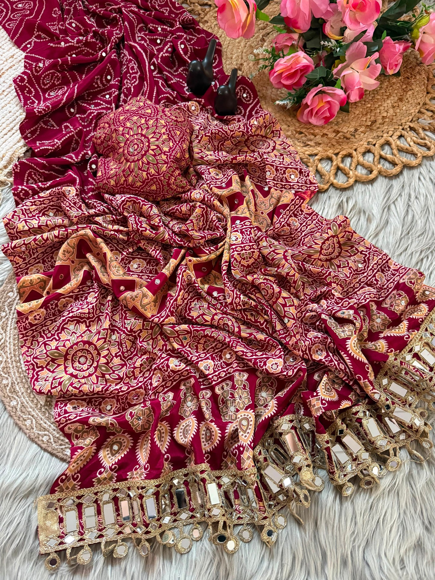 Pure Ajrakh Satin Silk Saree with Heavy Mirror Work