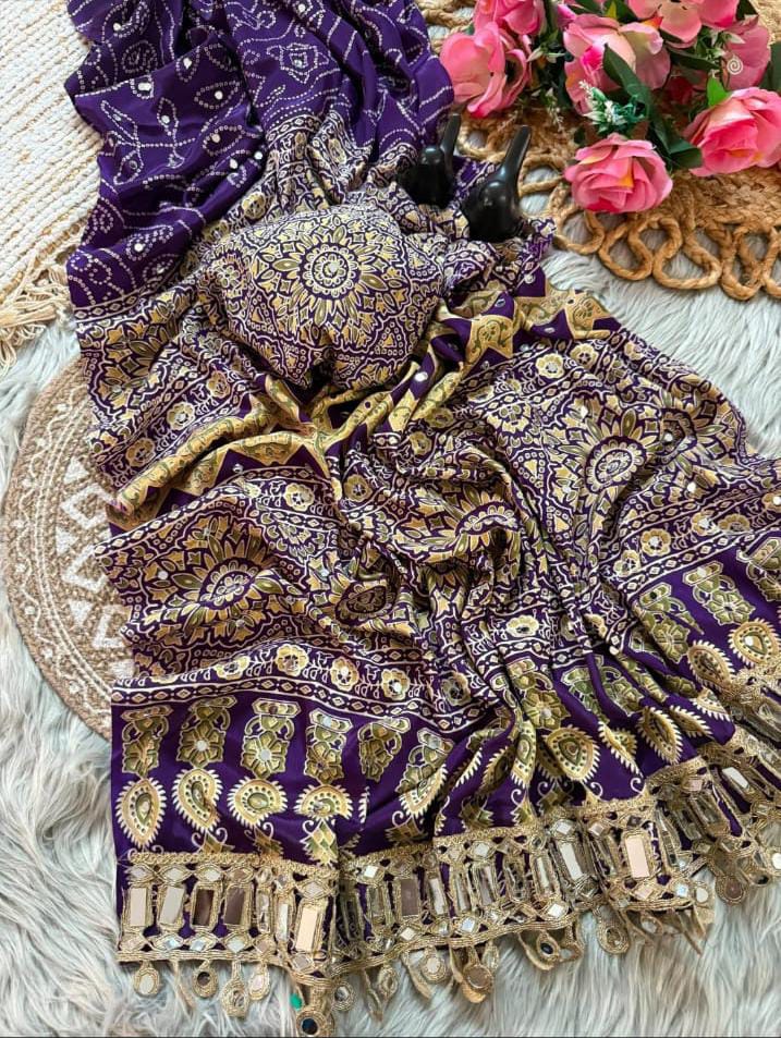 Pure Ajrakh Satin Silk Saree with Heavy Mirror Work