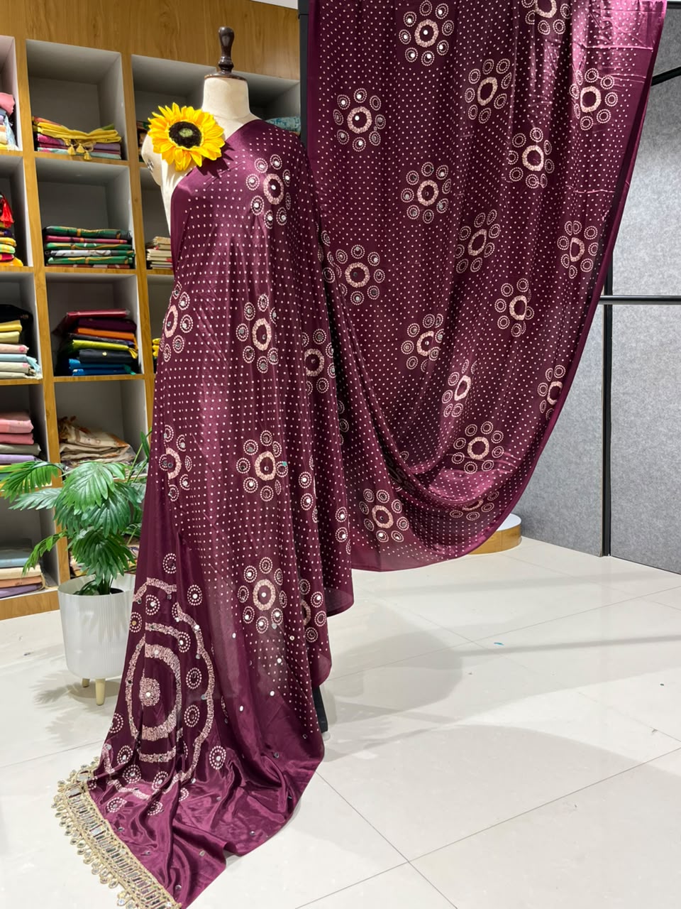Pure Ajrakh Satin Silk Saree with Heavy Mirror Work