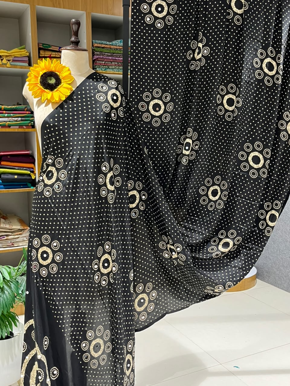 Pure Ajrakh Satin Silk Saree with Heavy Mirror Work