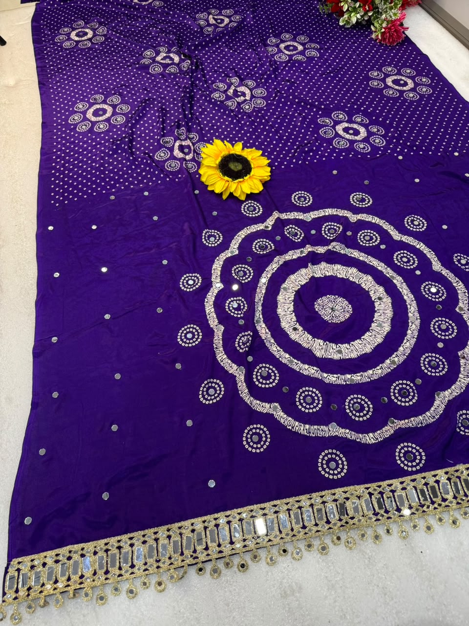 Pure Ajrakh Satin Silk Saree with Heavy Mirror Work