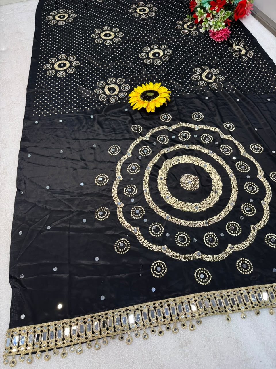 Pure Ajrakh Satin Silk Saree with Heavy Mirror Work