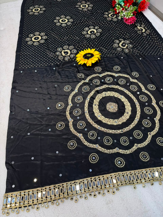 Pure Ajrakh Satin Silk Saree with Heavy Mirror Work