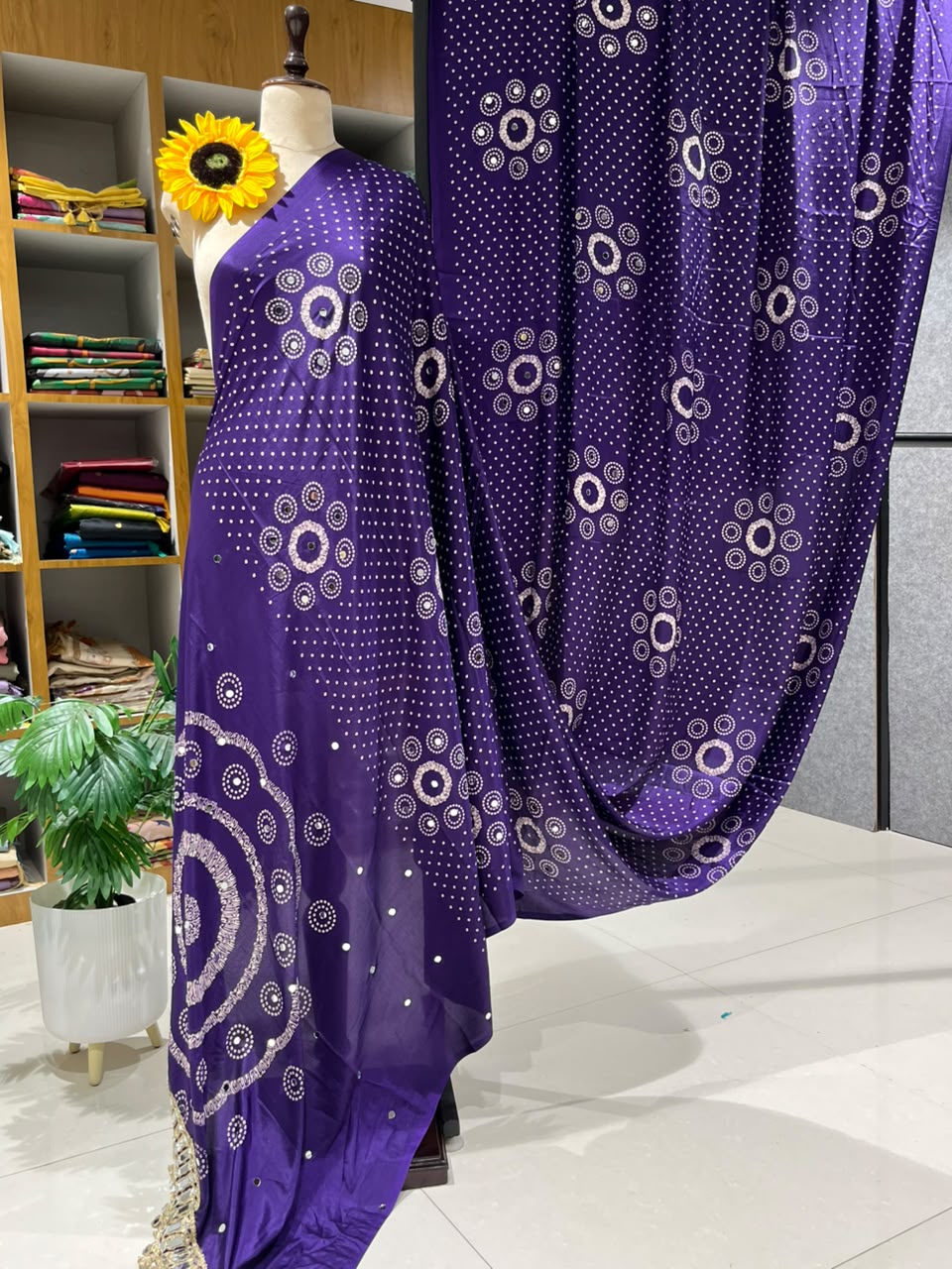 Pure Ajrakh Satin Silk Saree with Heavy Mirror Work