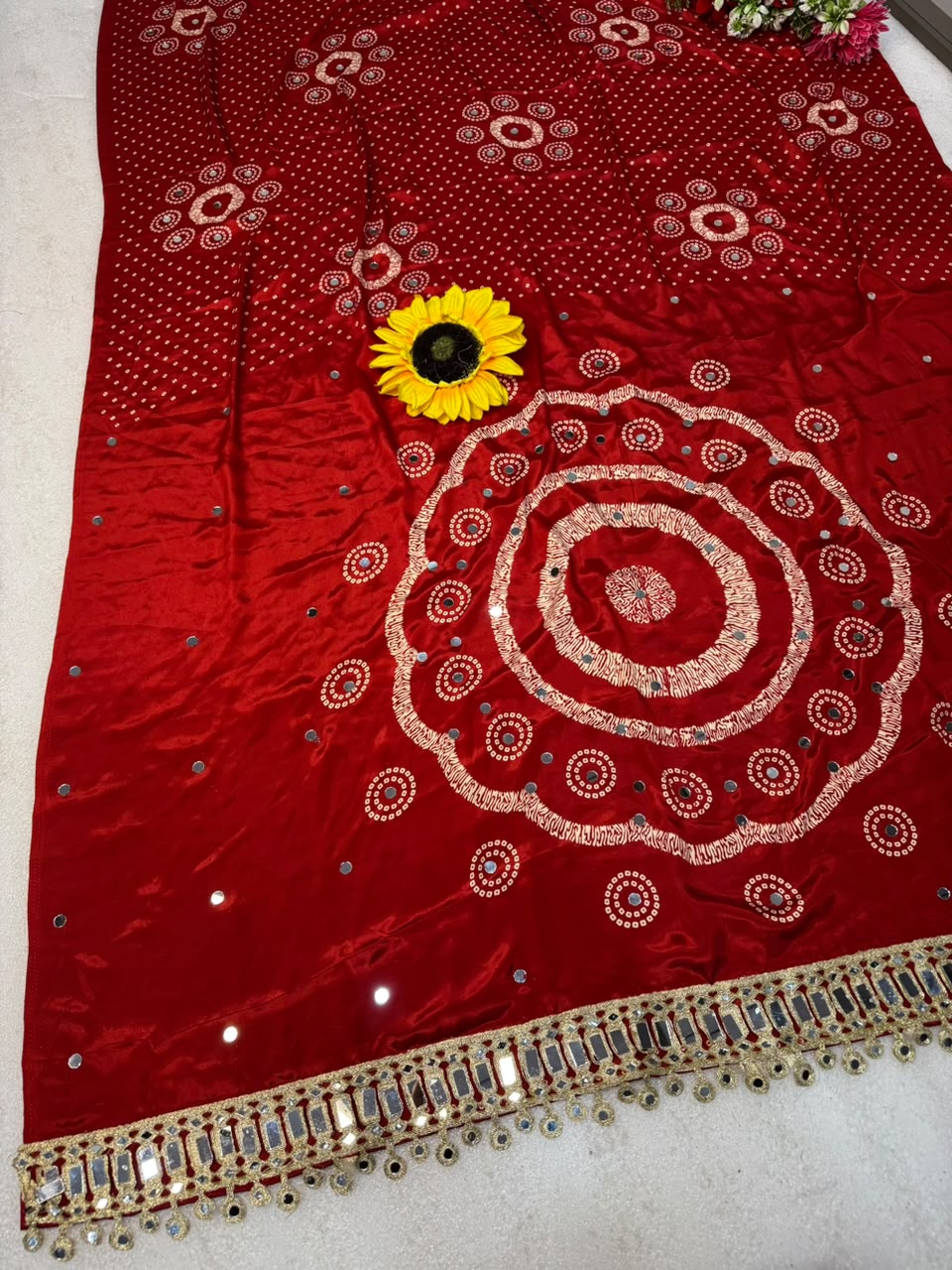 Pure Ajrakh Satin Silk Saree with Heavy Mirror Work
