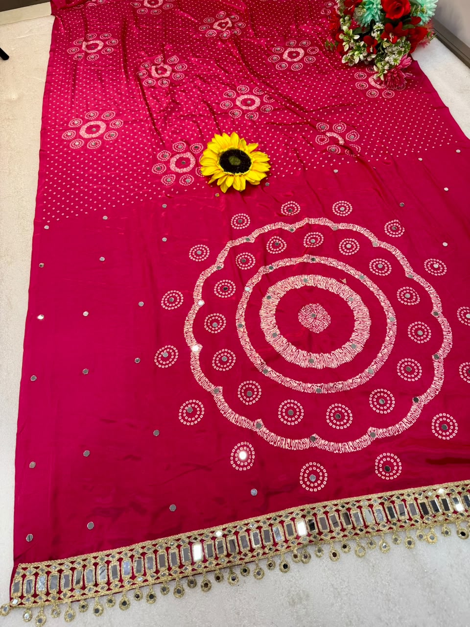 Pure Ajrakh Satin Silk Saree with Heavy Mirror Work