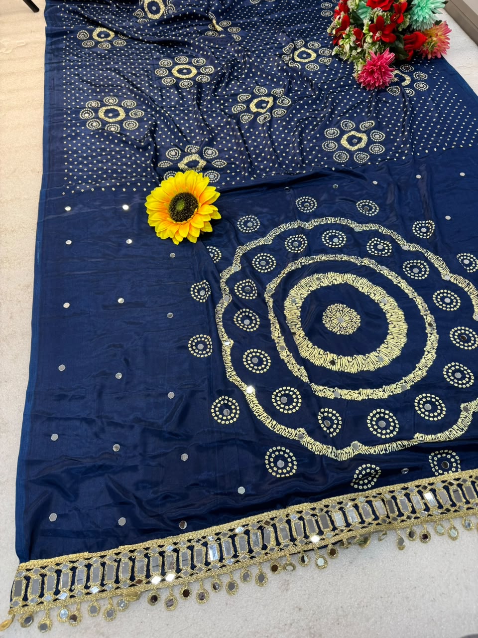 Pure Ajrakh Satin Silk Saree with Heavy Mirror Work