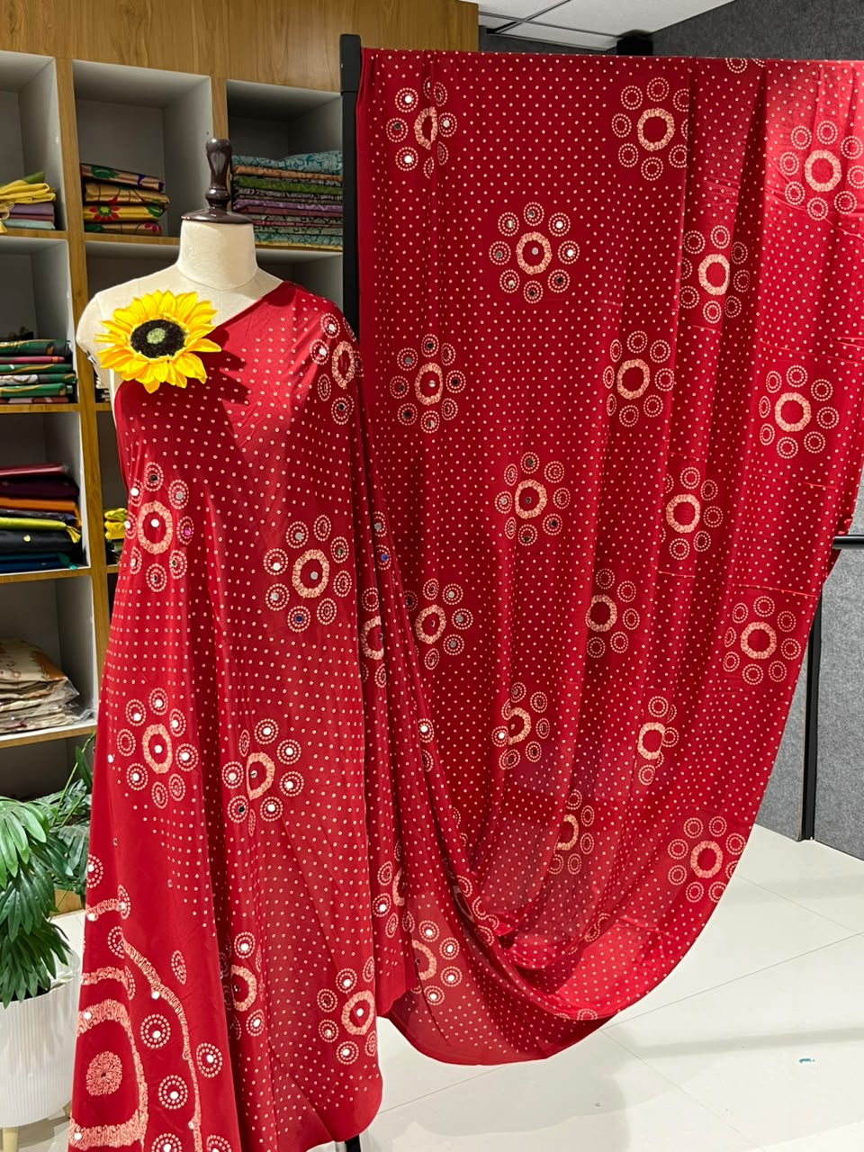 Pure Ajrakh Satin Silk Saree with Heavy Mirror Work