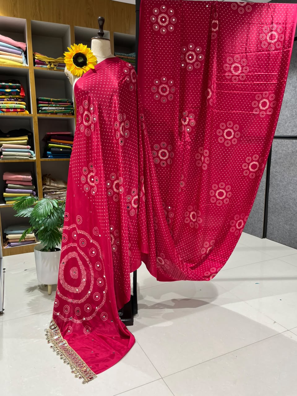 Pure Ajrakh Satin Silk Saree with Heavy Mirror Work