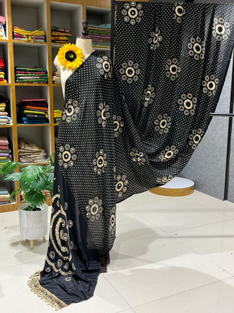 Pure Ajrakh Satin Silk Saree with Heavy Mirror Work