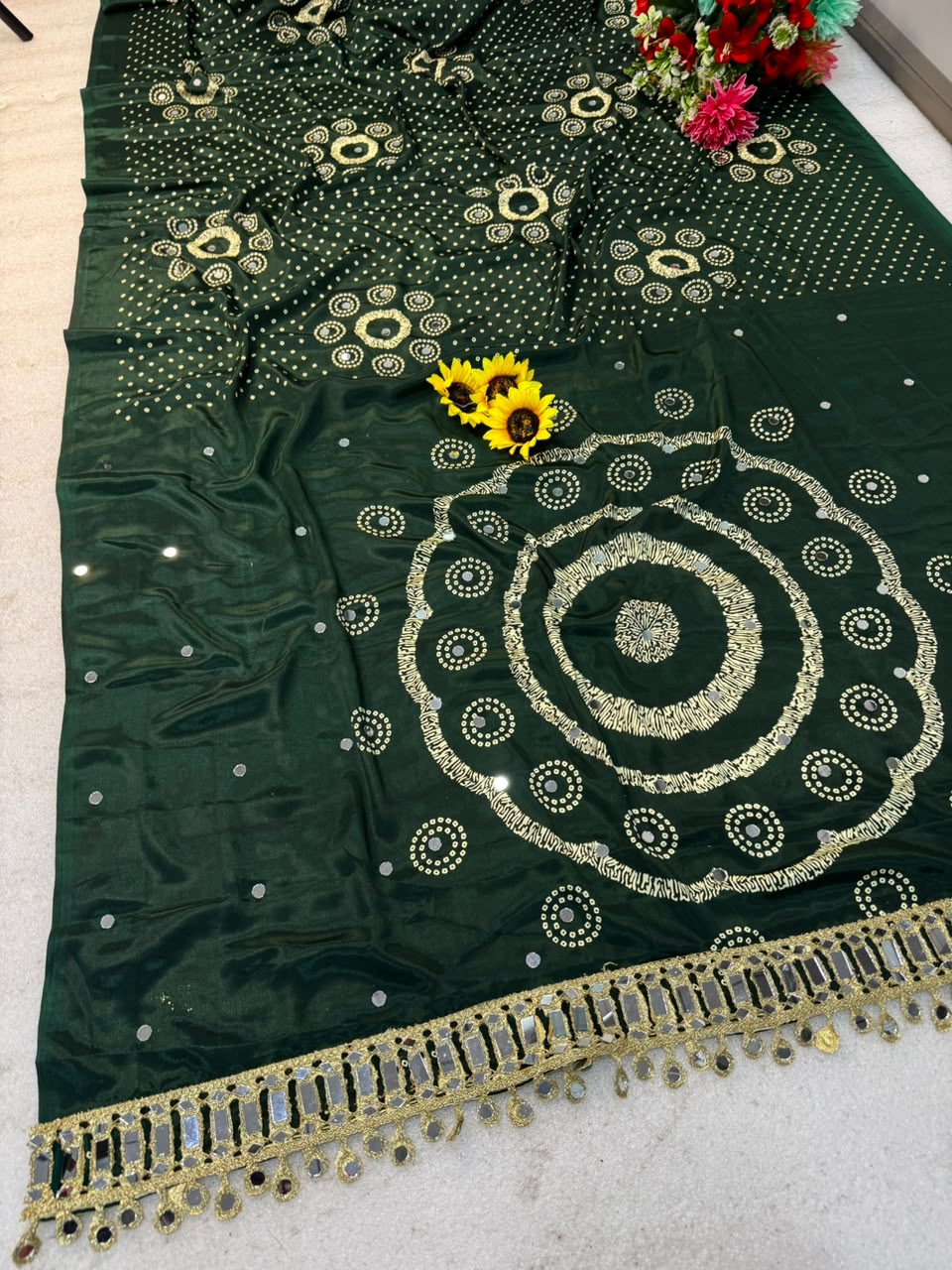 Pure Ajrakh Satin Silk Saree with Heavy Mirror Work