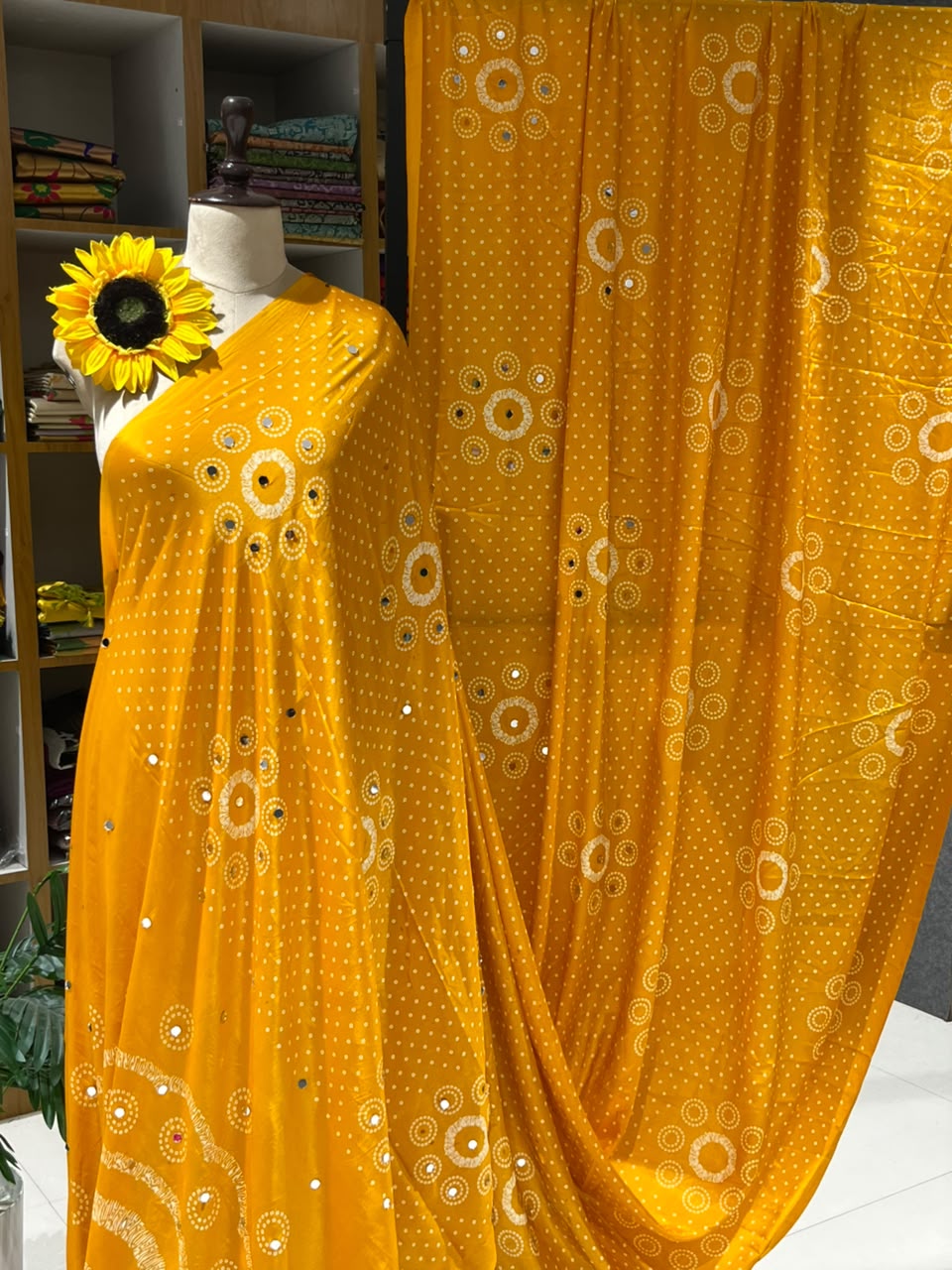 Pure Ajrakh Satin Silk Saree with Heavy Mirror Work