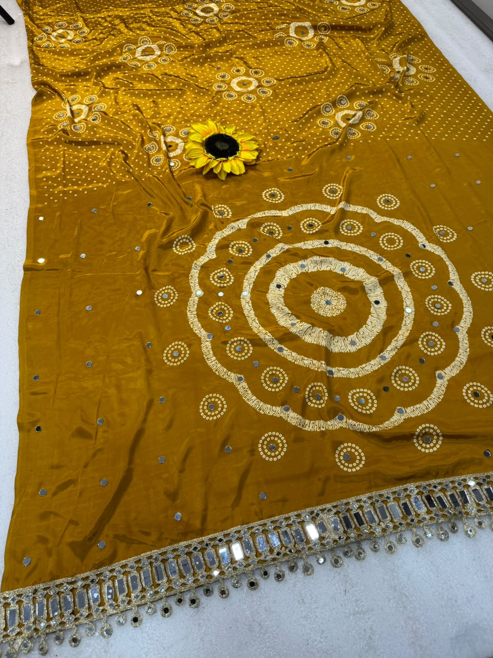 Pure Ajrakh Satin Silk Saree with Heavy Mirror Work