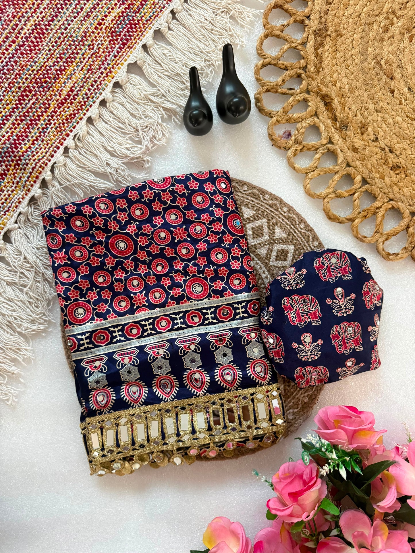 Pure Ajrakh Satin Silk Saree with Heavy Mirror Work
