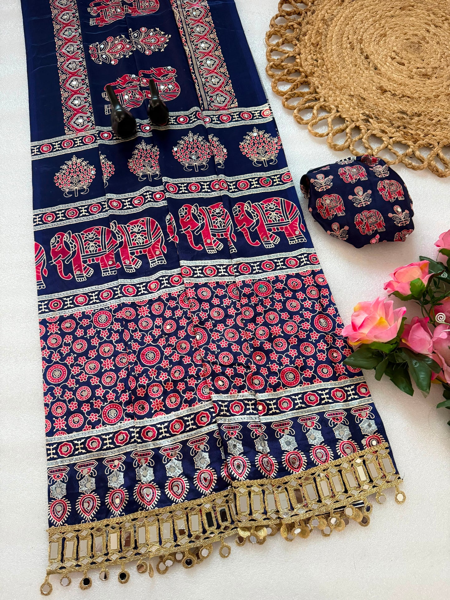 Pure Ajrakh Satin Silk Saree with Heavy Mirror Work