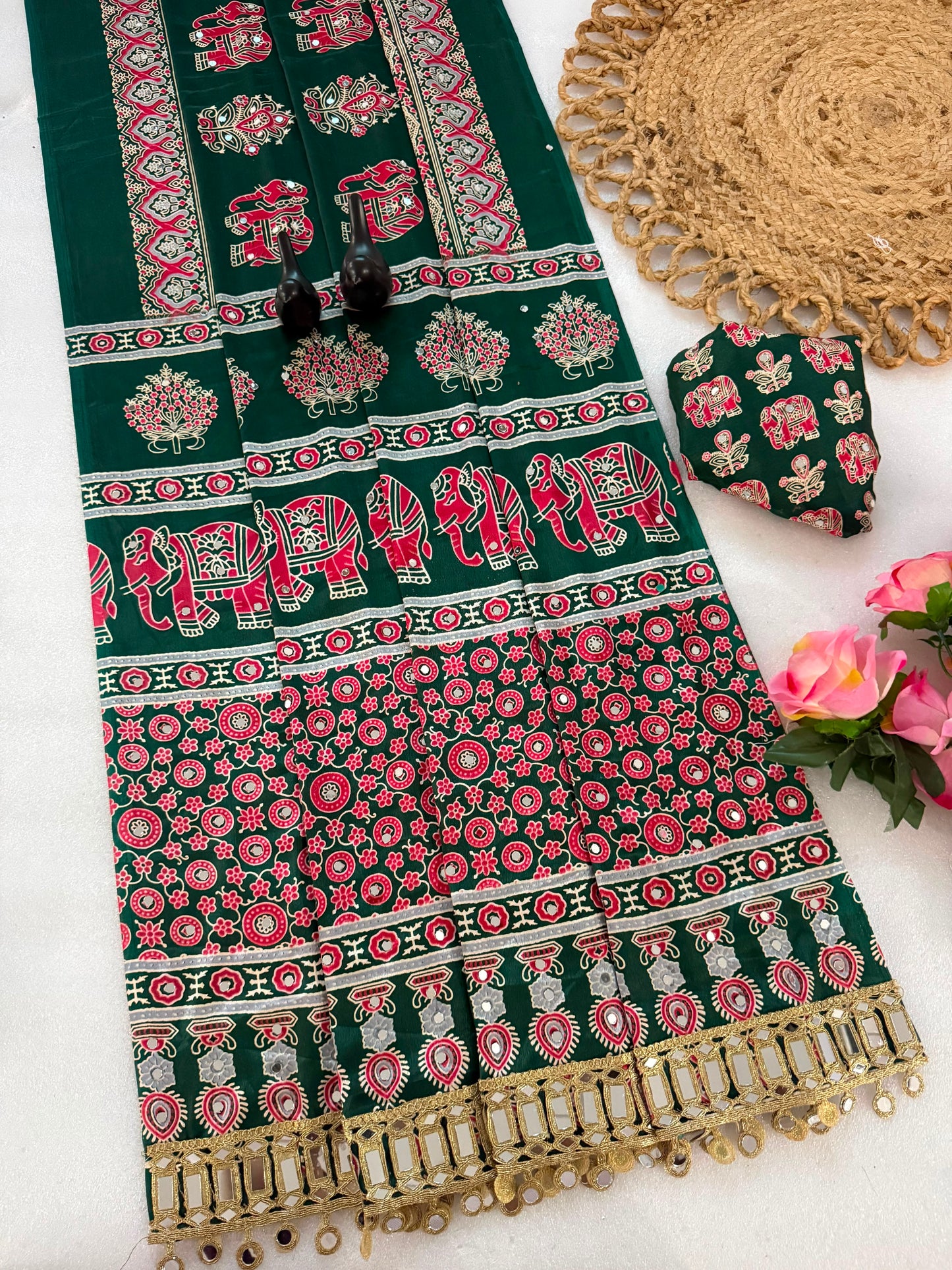 Pure Ajrakh Satin Silk Saree with Heavy Mirror Work