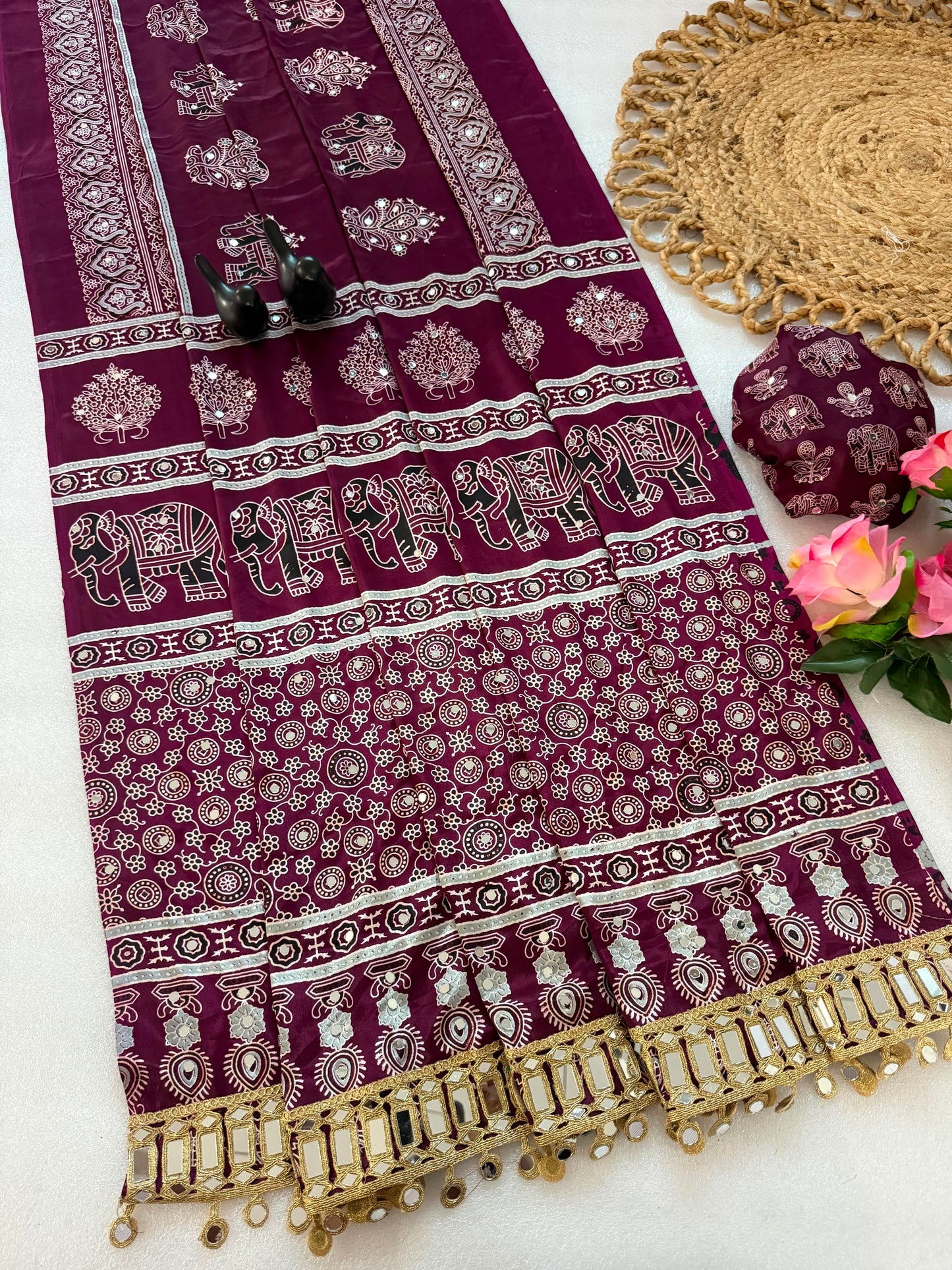Pure Ajrakh Satin Silk Saree with Heavy Mirror Work