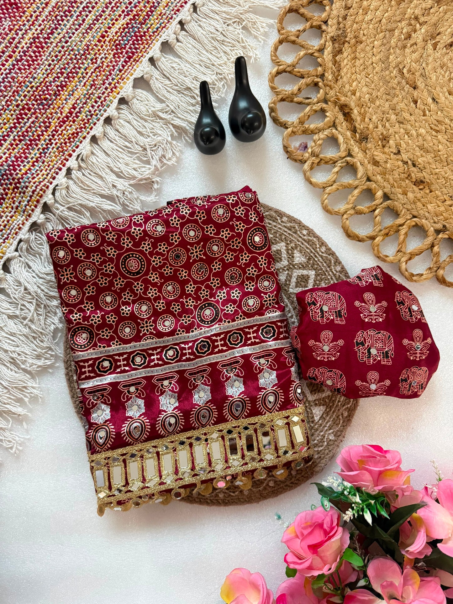 Pure Ajrakh Satin Silk Saree with Heavy Mirror Work