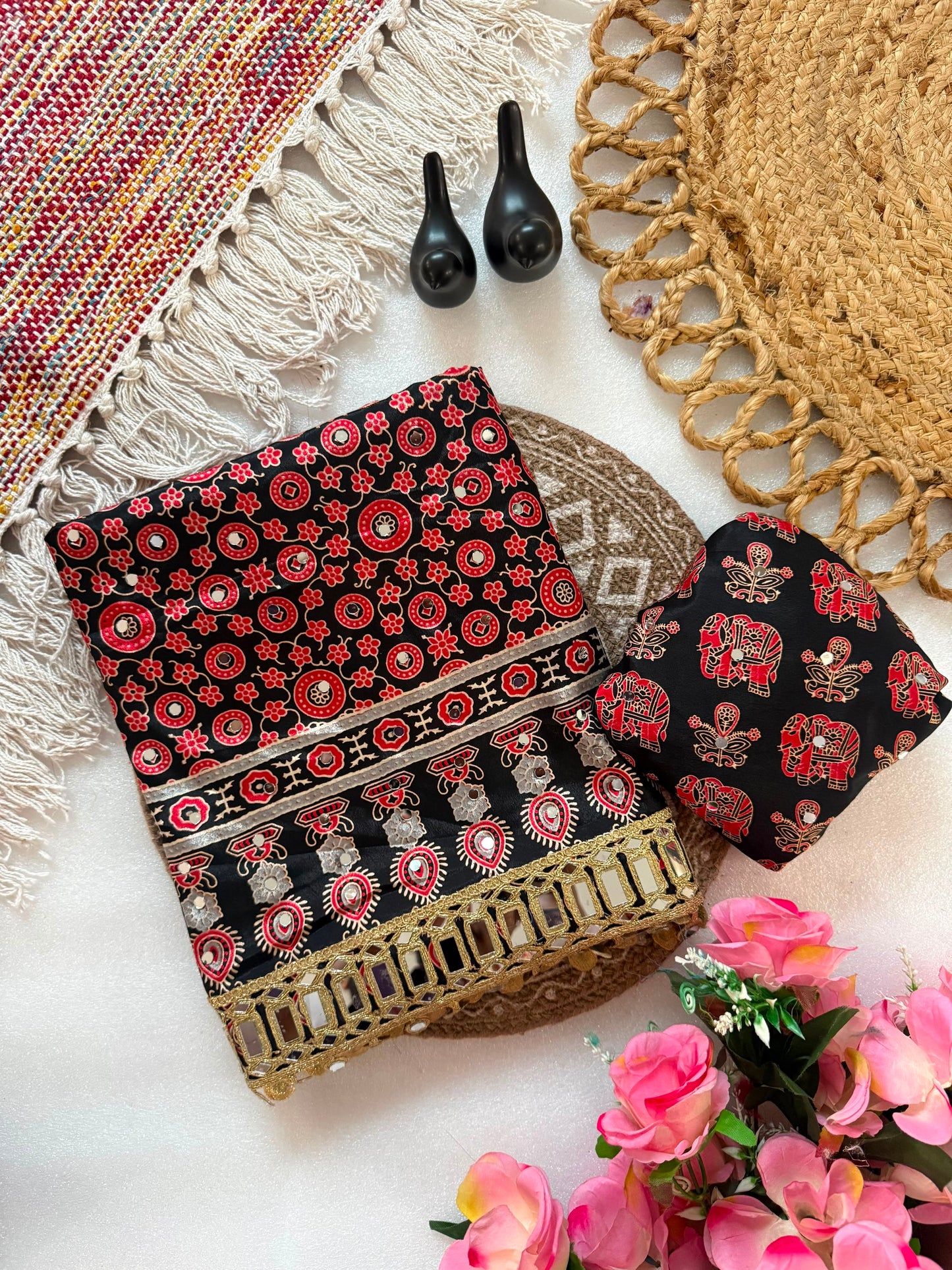 Pure Ajrakh Satin Silk Saree with Heavy Mirror Work