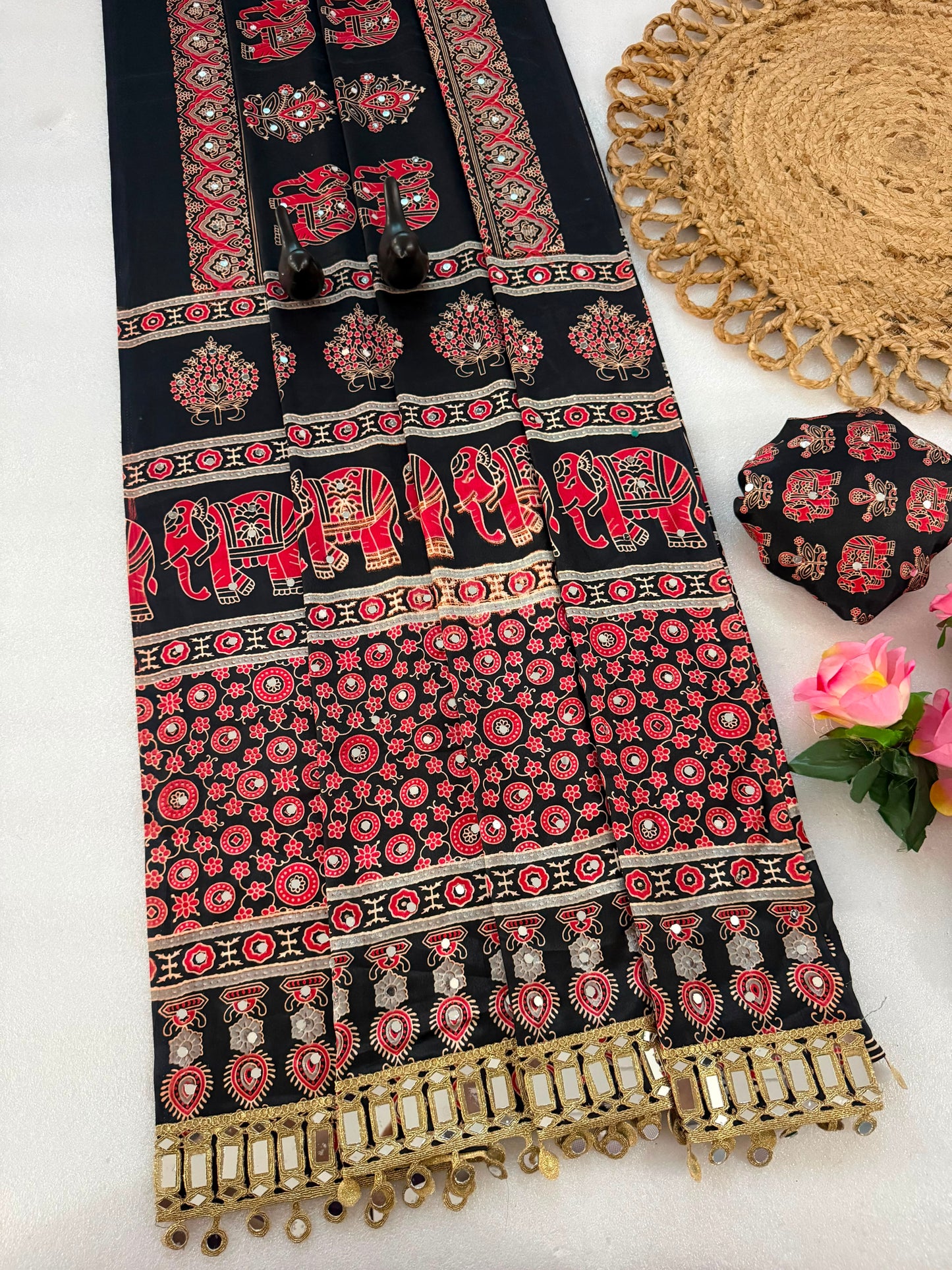 Pure Ajrakh Satin Silk Saree with Heavy Mirror Work