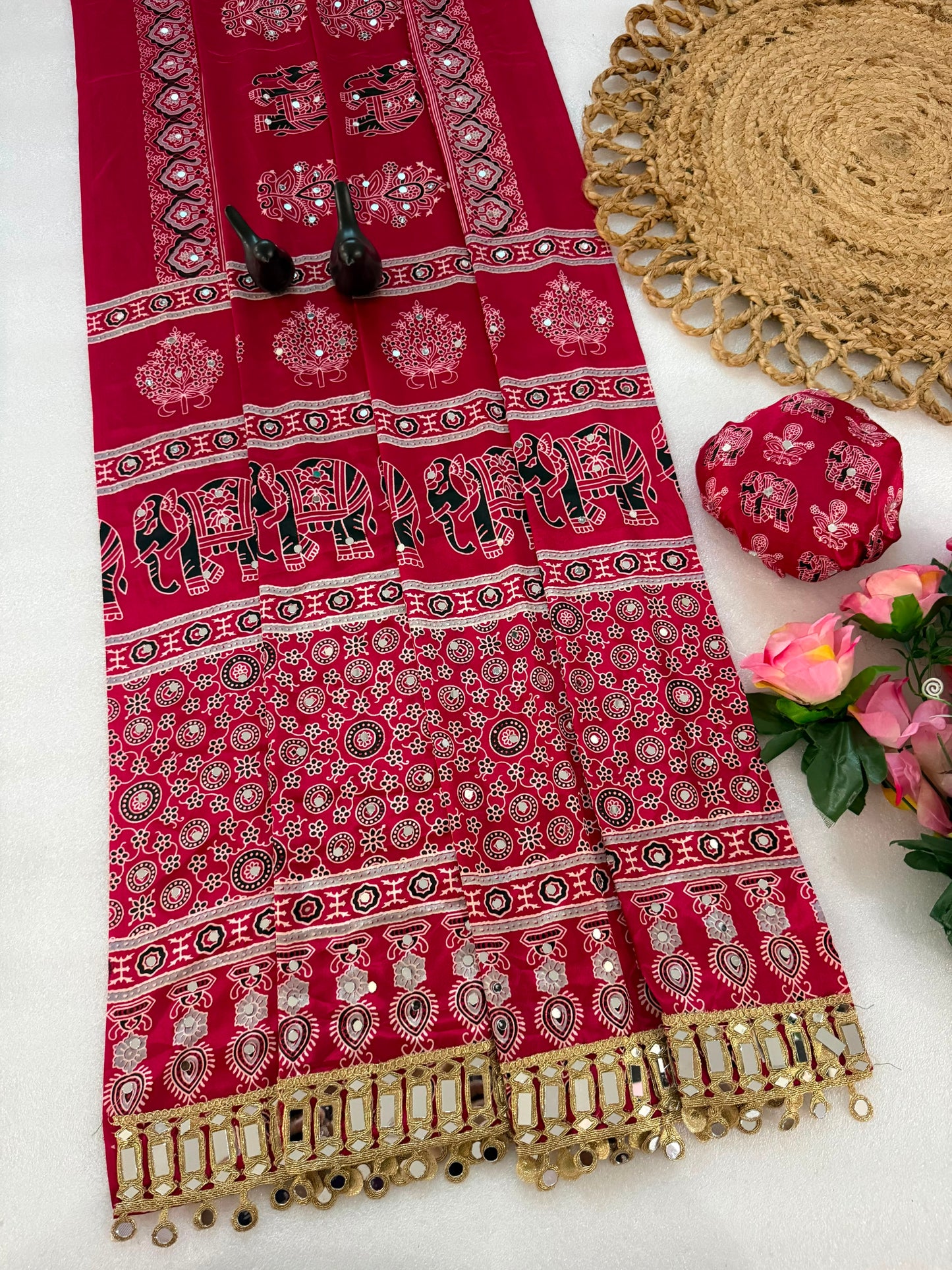 Pure Ajrakh Satin Silk Saree with Heavy Mirror Work