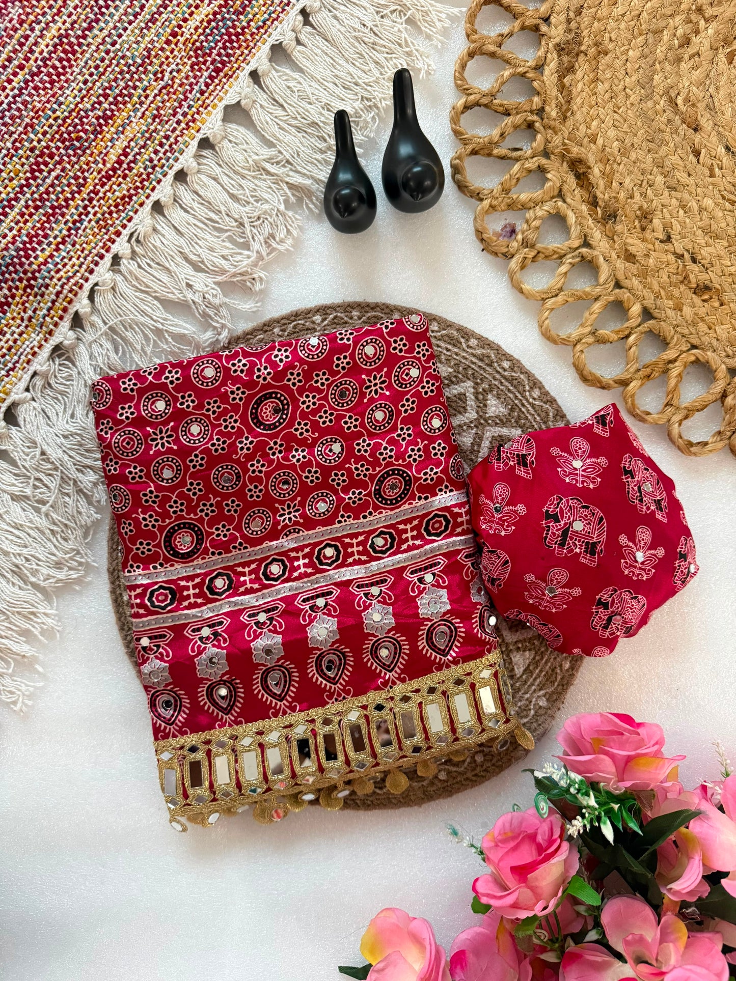Pure Ajrakh Satin Silk Saree with Heavy Mirror Work