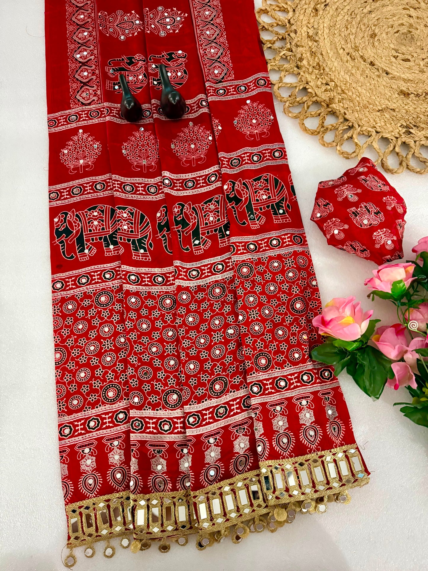 Pure Ajrakh Satin Silk Saree with Heavy Mirror Work