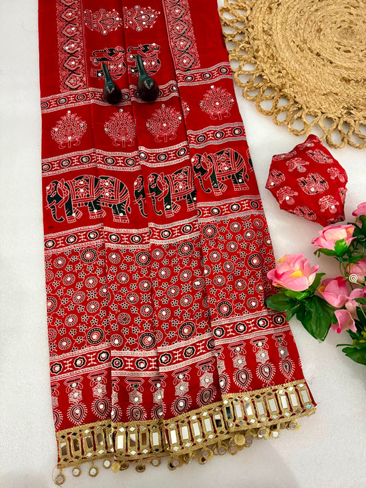 Pure Ajrakh Satin Silk Saree with Heavy Mirror Work