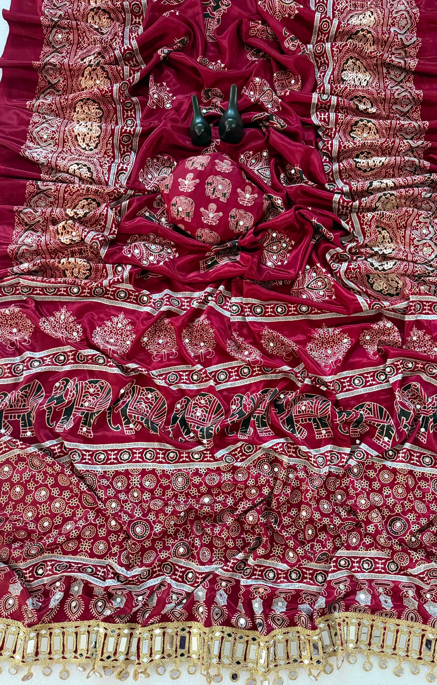 Pure Ajrakh Satin Silk Saree with Heavy Mirror Work