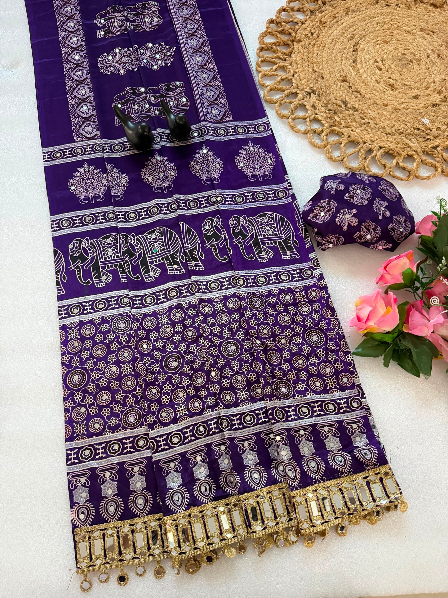 Pure Ajrakh Satin Silk Saree with Heavy Mirror Work
