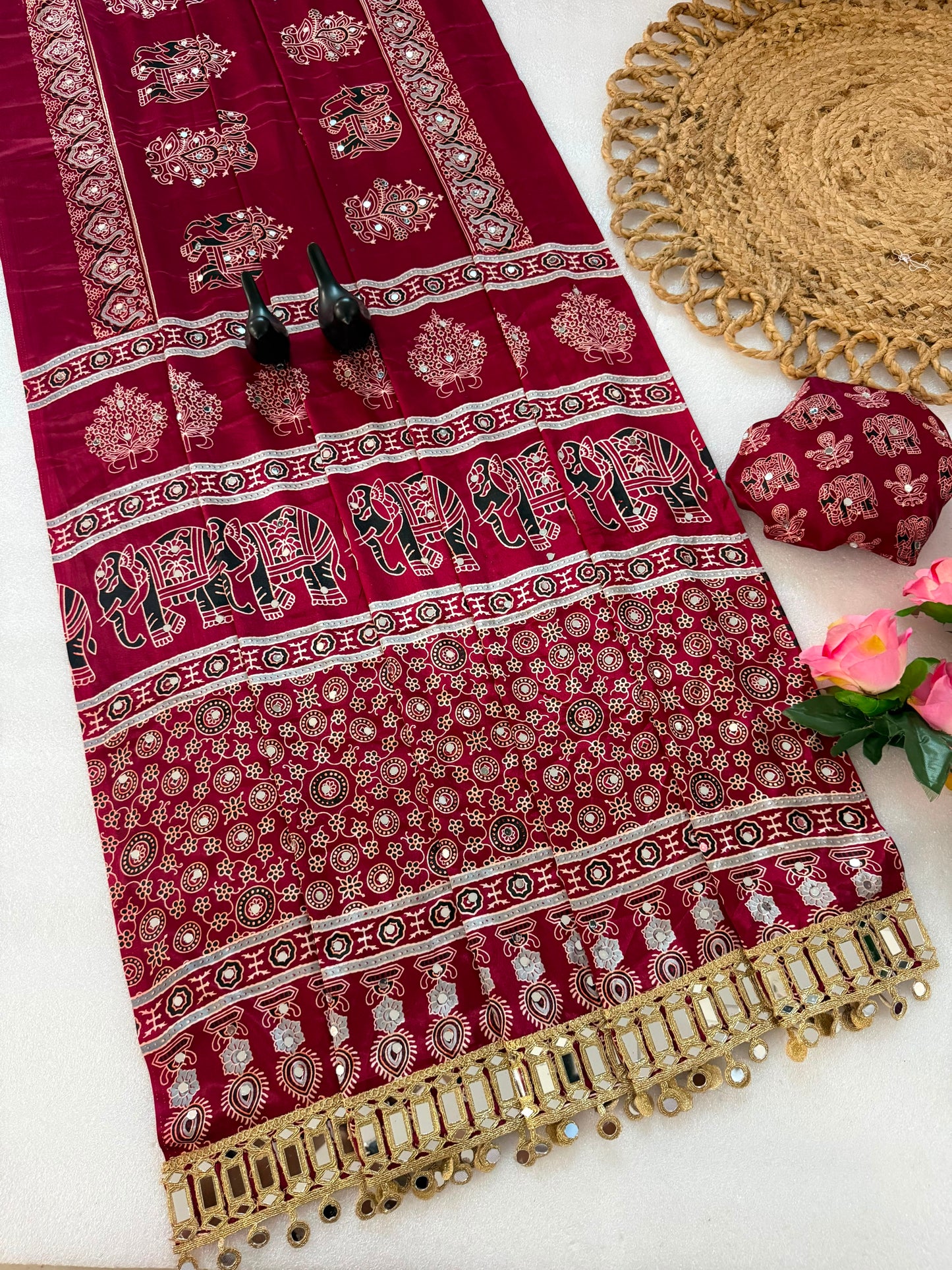 Pure Ajrakh Satin Silk Saree with Heavy Mirror Work