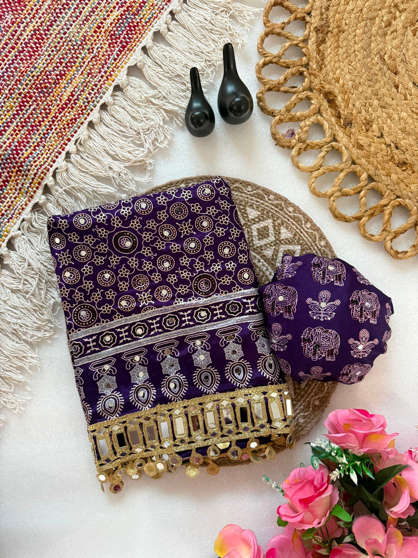 Pure Ajrakh Satin Silk Saree with Heavy Mirror Work