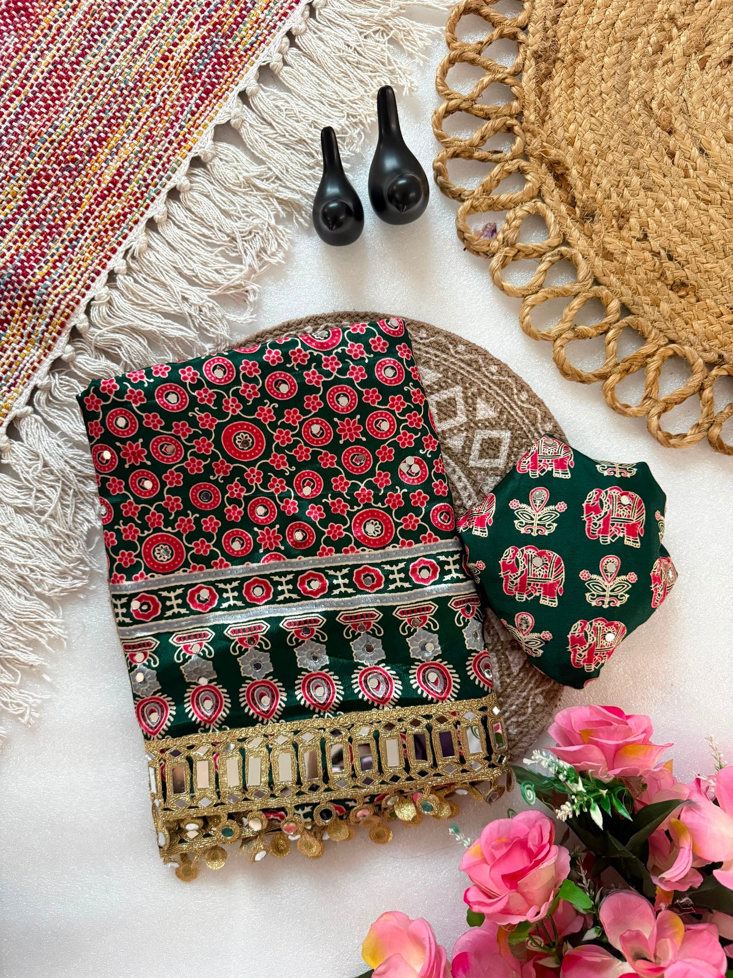 Pure Ajrakh Satin Silk Saree with Heavy Mirror Work