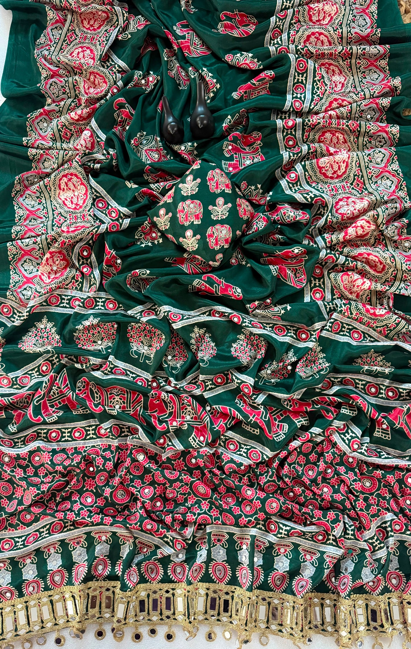 Pure Ajrakh Satin Silk Saree with Heavy Mirror Work