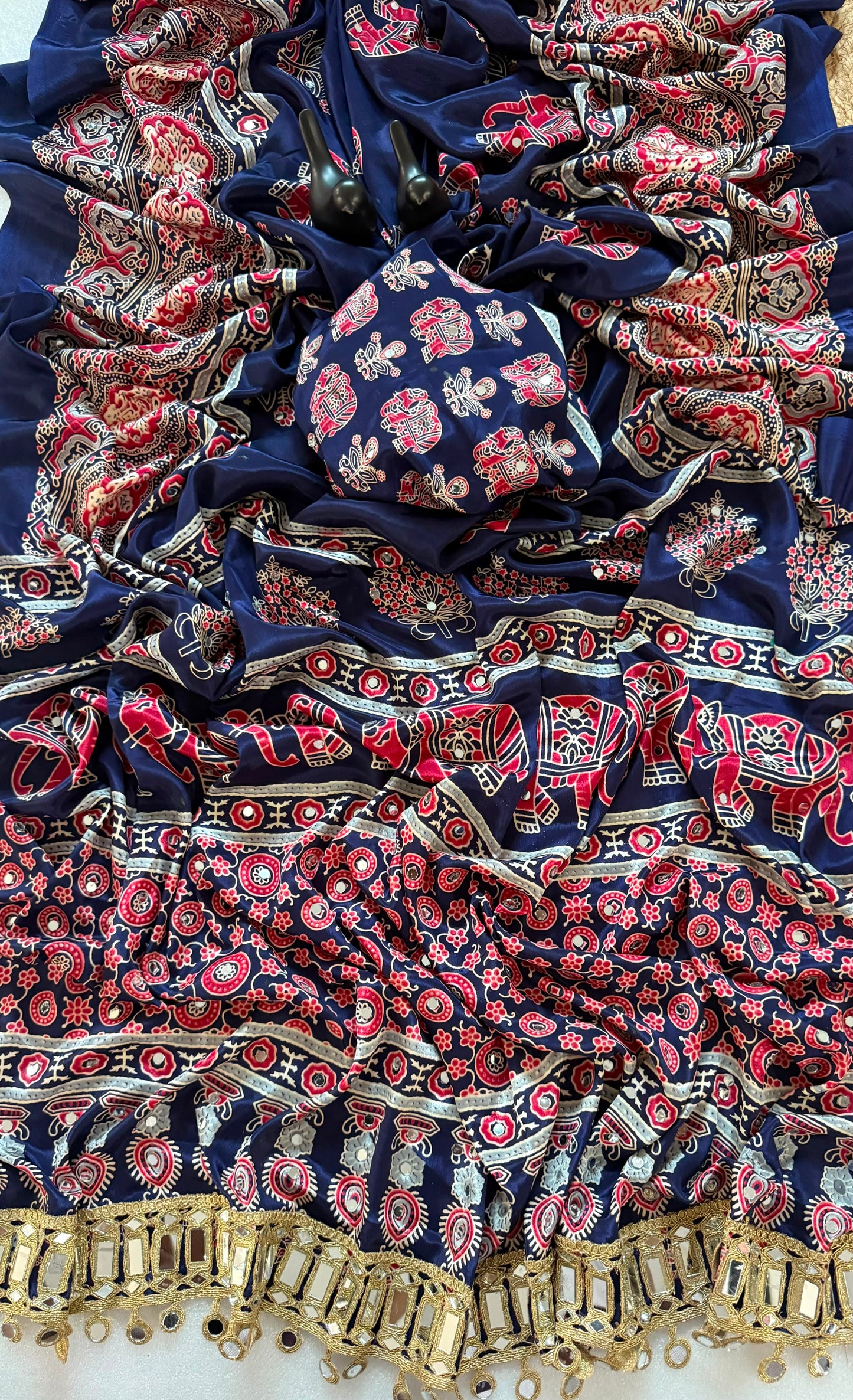 Pure Ajrakh Satin Silk Saree with Heavy Mirror Work