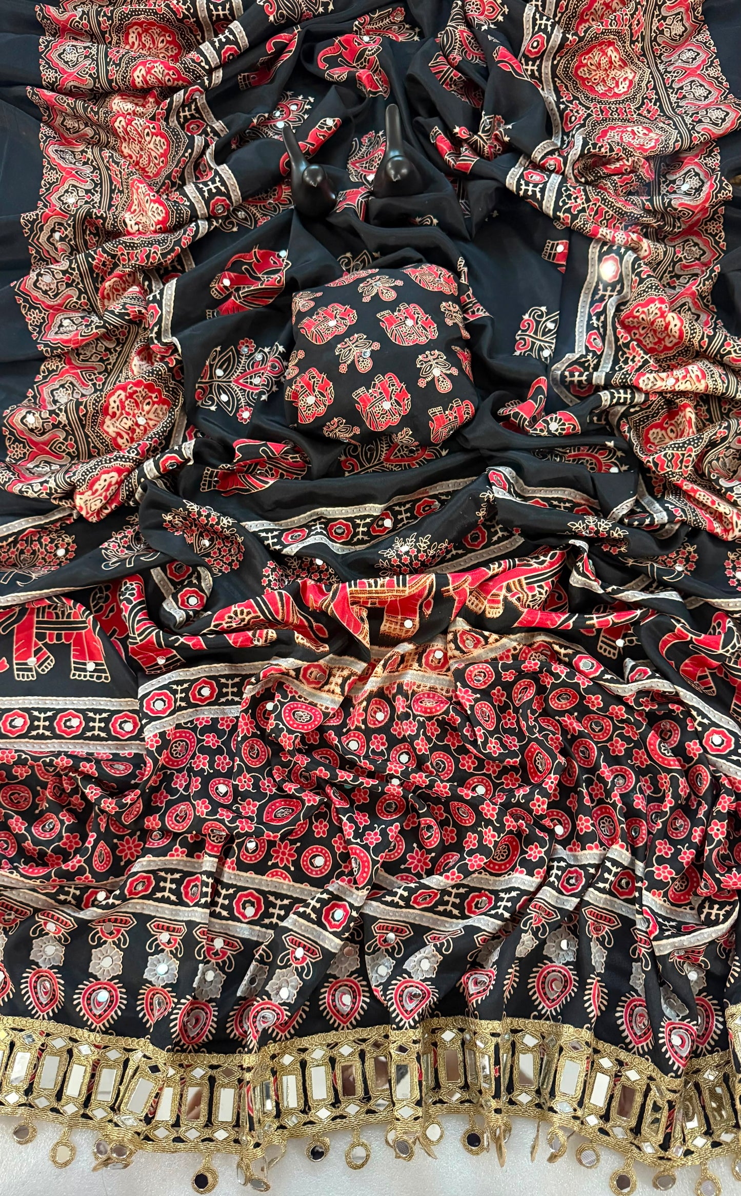 Pure Ajrakh Satin Silk Saree with Heavy Mirror Work