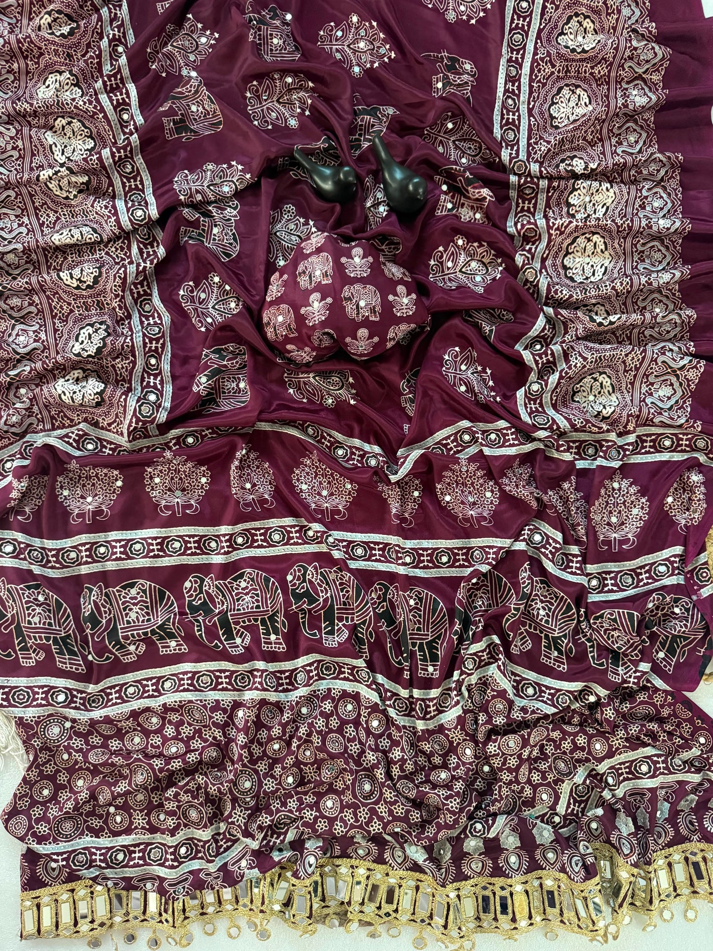 Pure Ajrakh Satin Silk Saree with Heavy Mirror Work