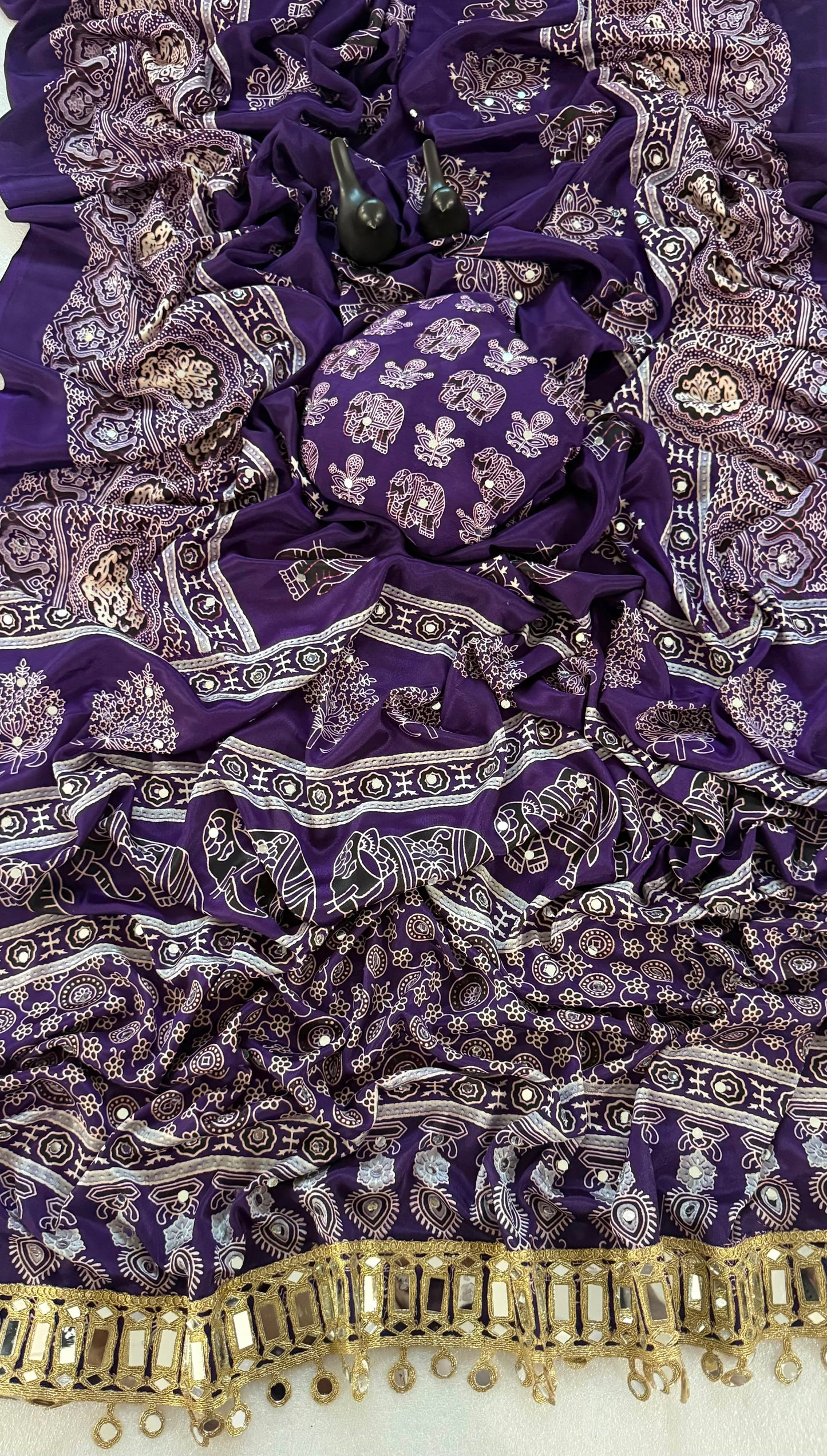Pure Ajrakh Satin Silk Saree with Heavy Mirror Work